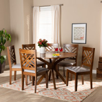 Baxton Studio Norah-Grey/Walnut-7PC Dining Set Norah Modern and Contemporary Grey Fabric Upholstered and Walnut Brown Finished Wood 7-Piece Dining Set